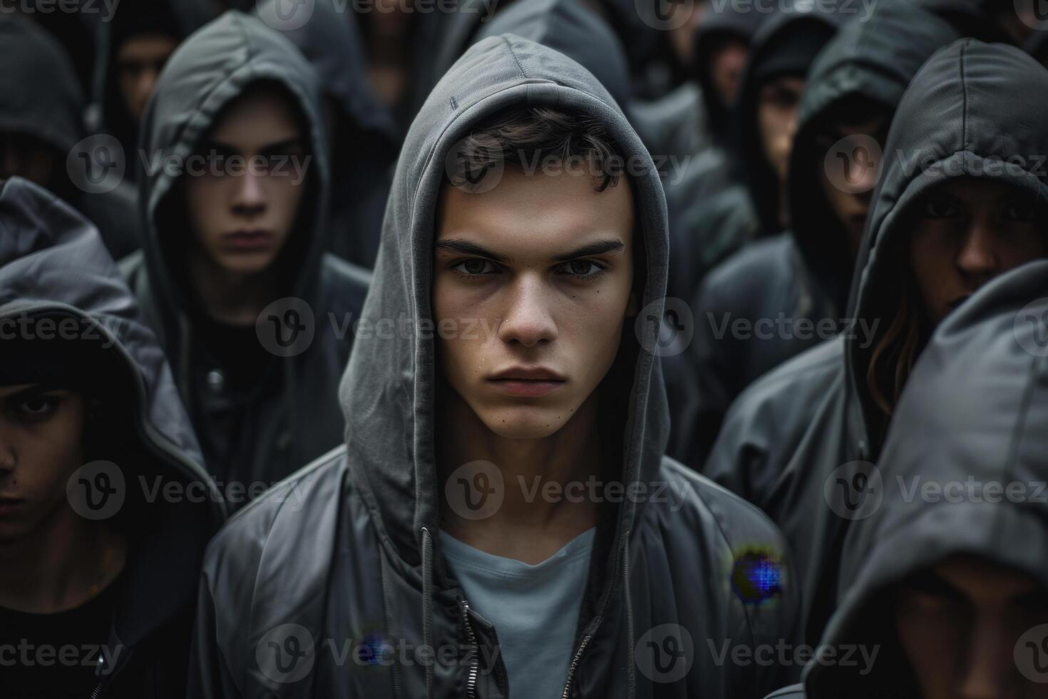 Hooded figures in a crowd photo