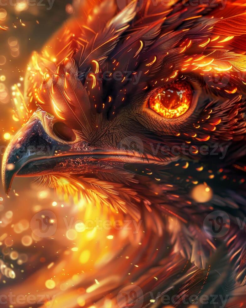 Fiery phoenix bird close up with glowing eyes photo