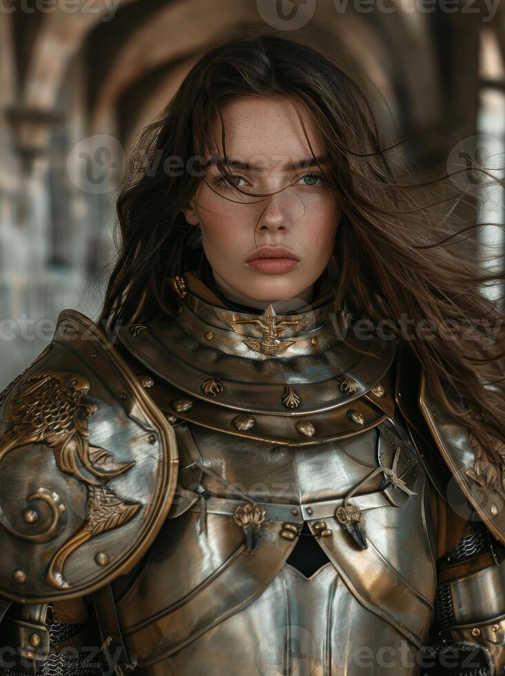 Fierce warrior woman in ornate armor photo
