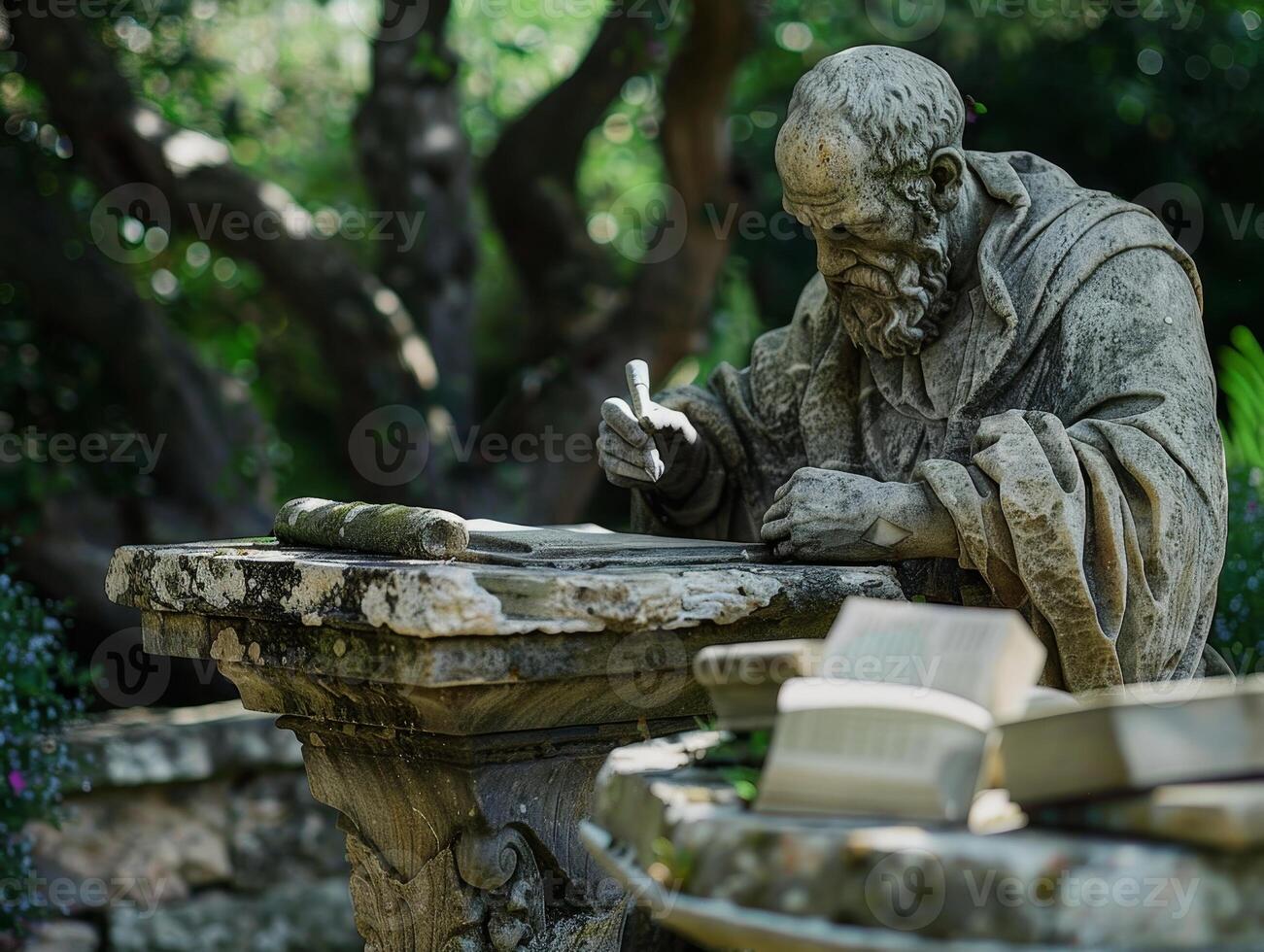 Thoughtful philosopher statue in a serene garden photo