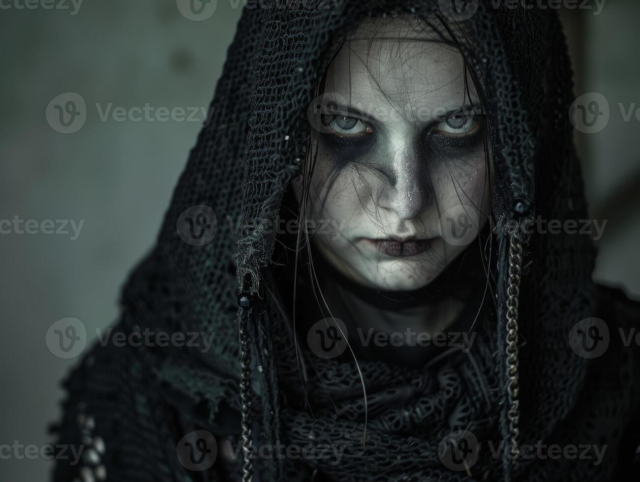 Mysterious dark figure in hooded cloak photo