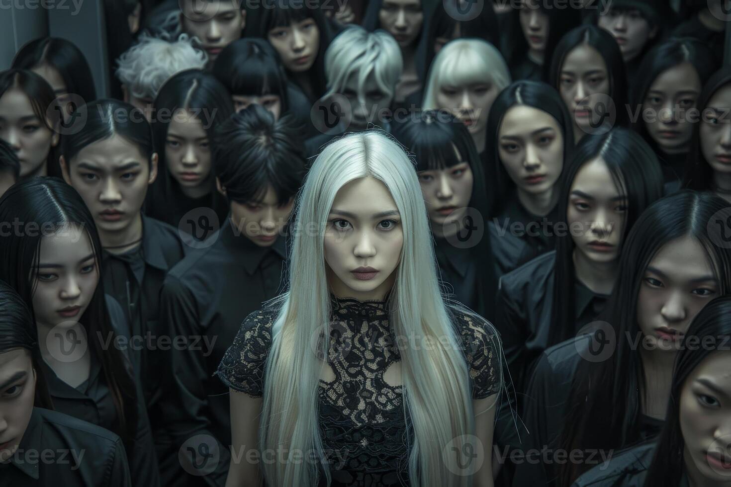 Crowd of young asian women with dramatic expressions photo