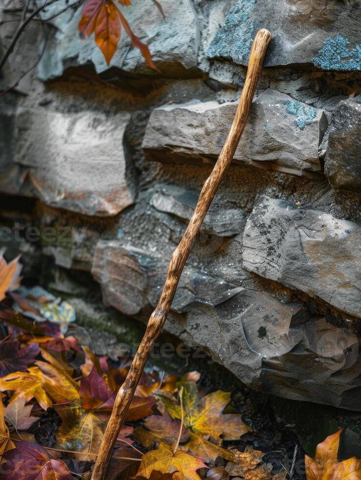 Autumn leaves and weathered wood on rocky surface photo