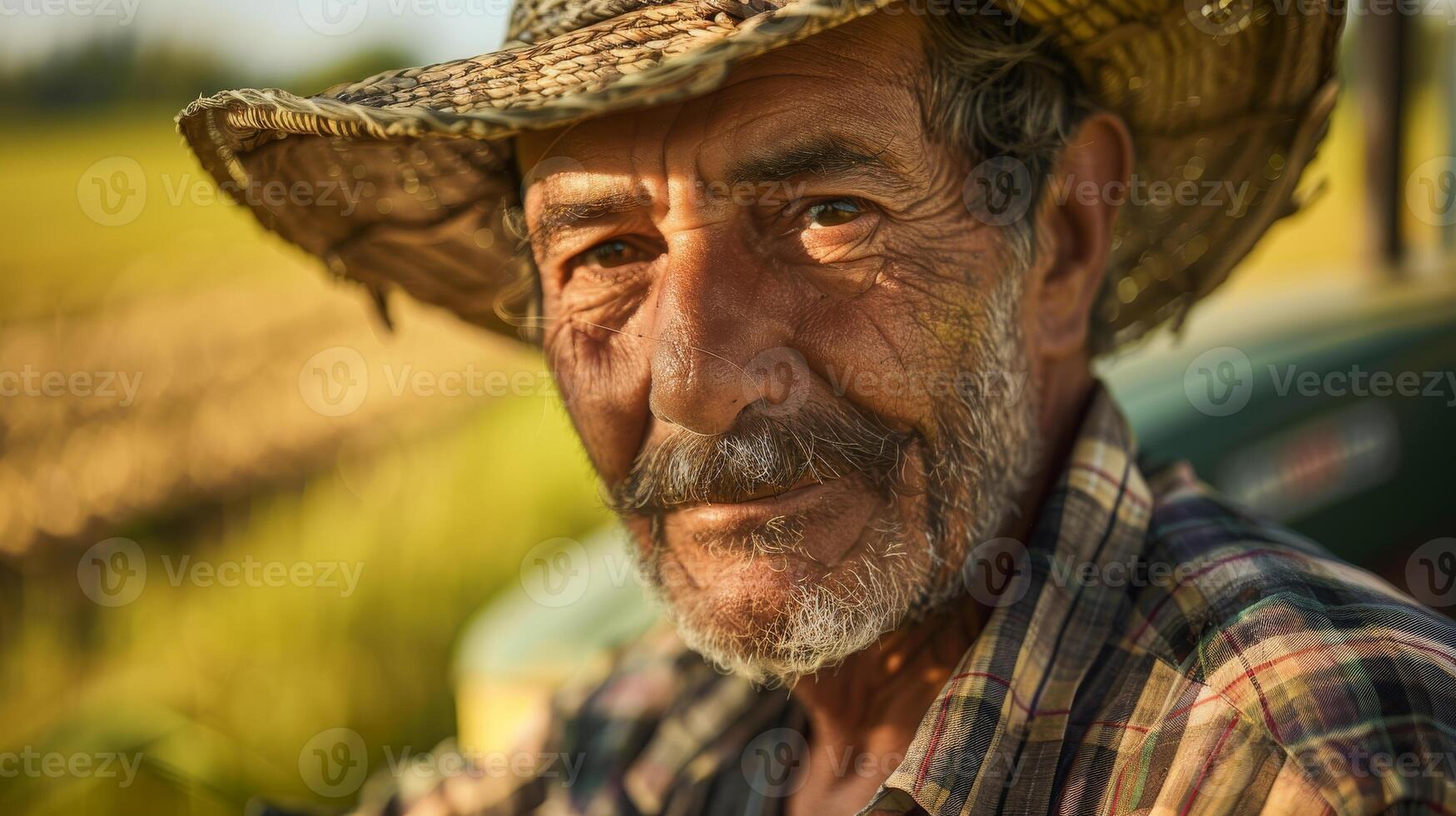 Weathered face of an elderly man wearing a straw hat photo