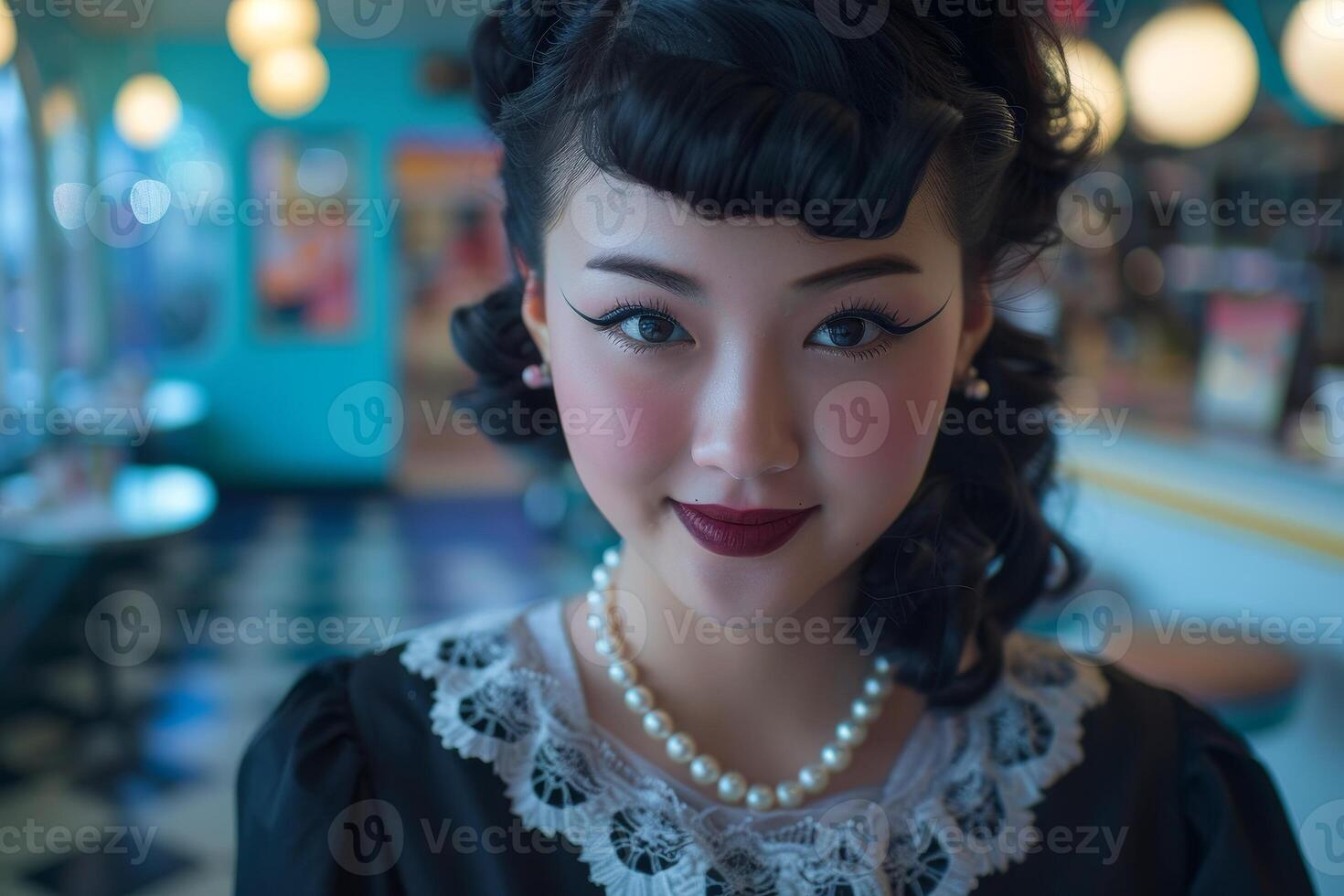Elegant woman with vintage hairstyle and makeup photo