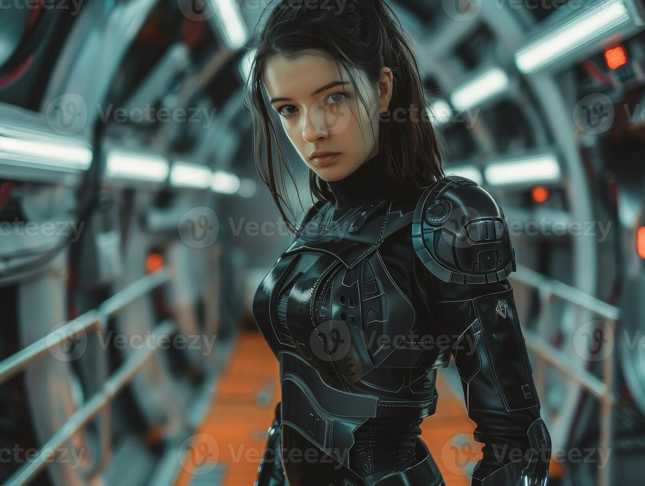 futuristic female warrior in high tech environment photo