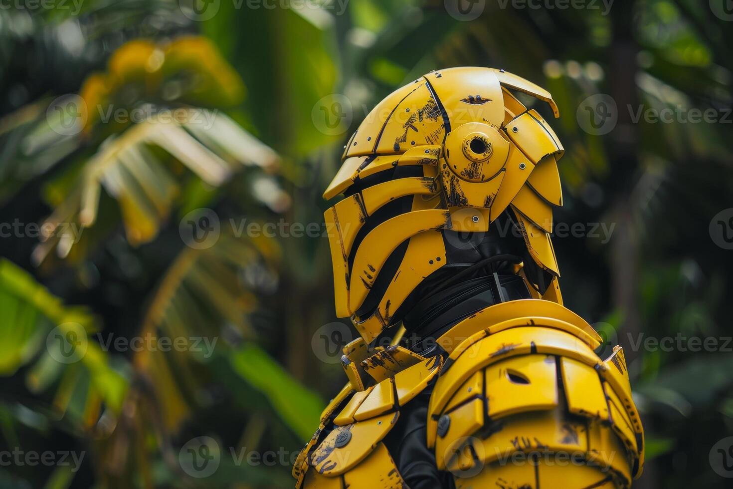 Closeup of a yellow industrial robot arm in a lush green environment photo