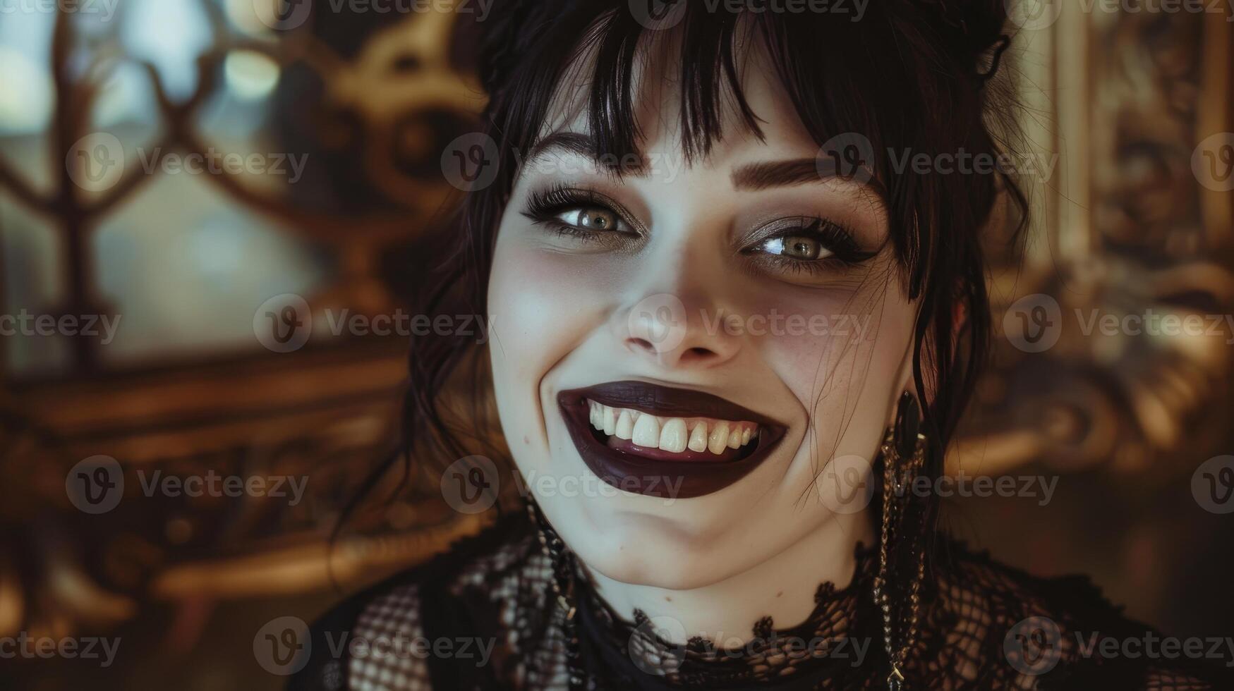 Smiling woman with dark hair and makeup photo