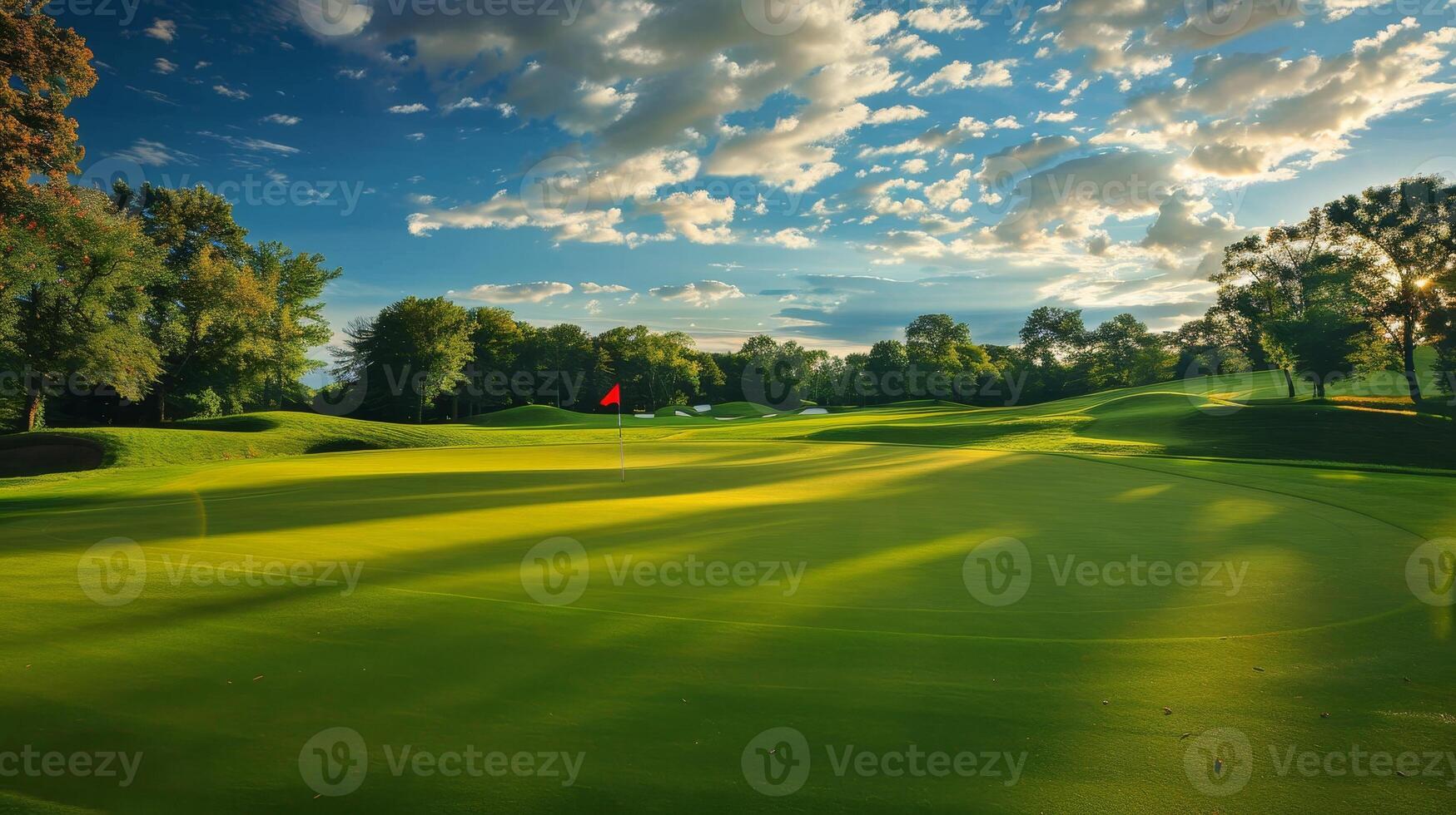 Scenic golf course with lush green fairway and cloudy sky photo