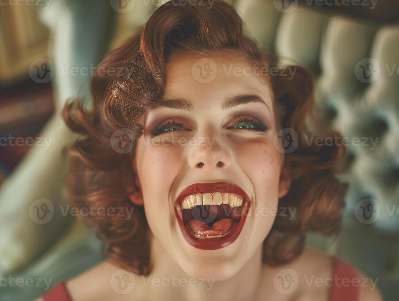 Joyful woman with curly hair and red lipstick photo