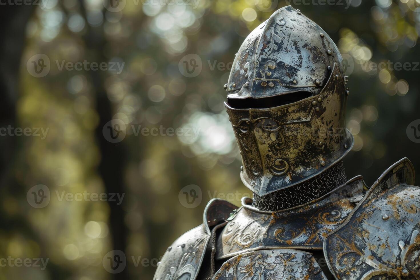 Ornate medieval knights armor in a forest setting photo