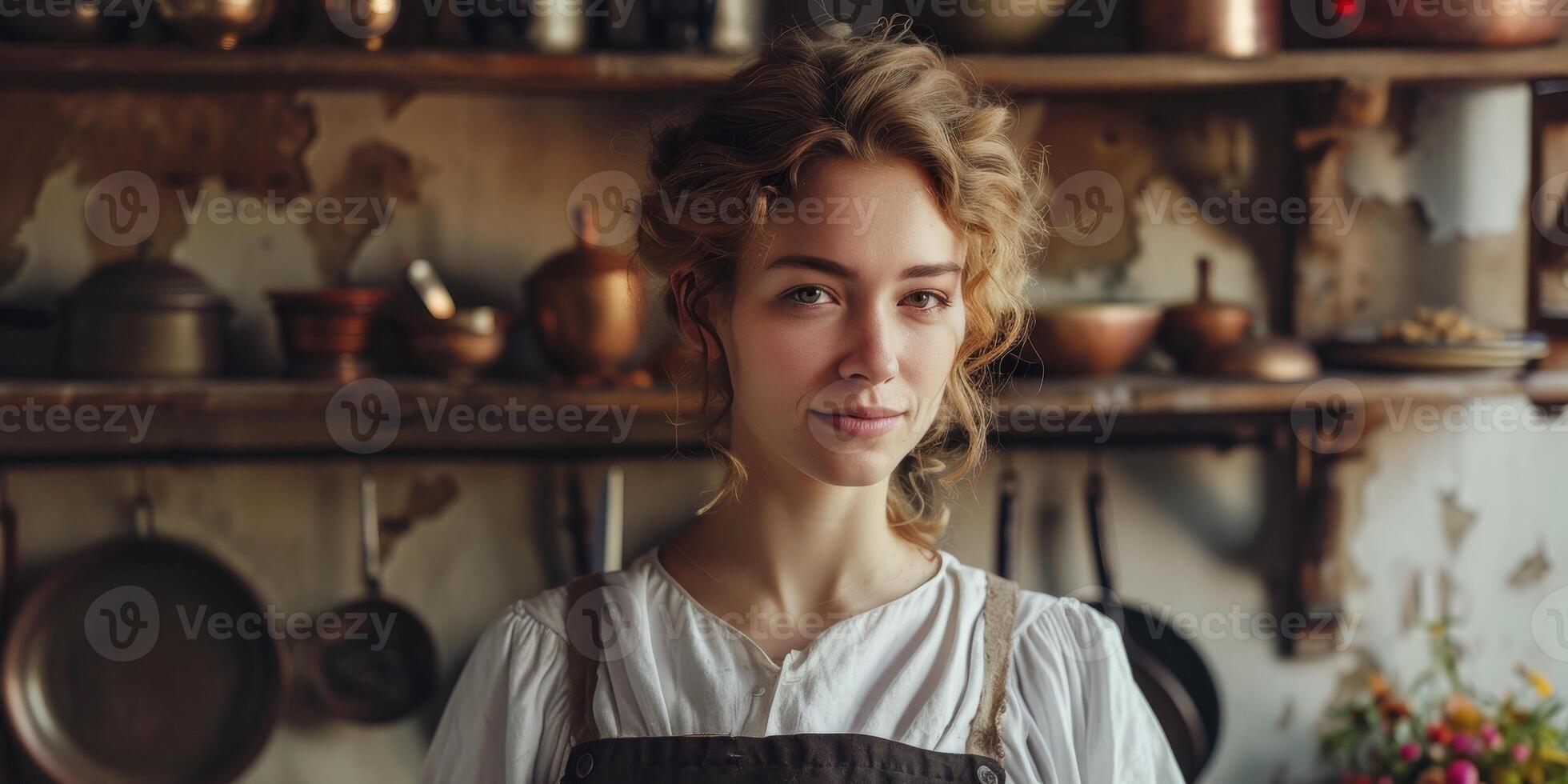 woman in white blouse smiling in kitchen photo