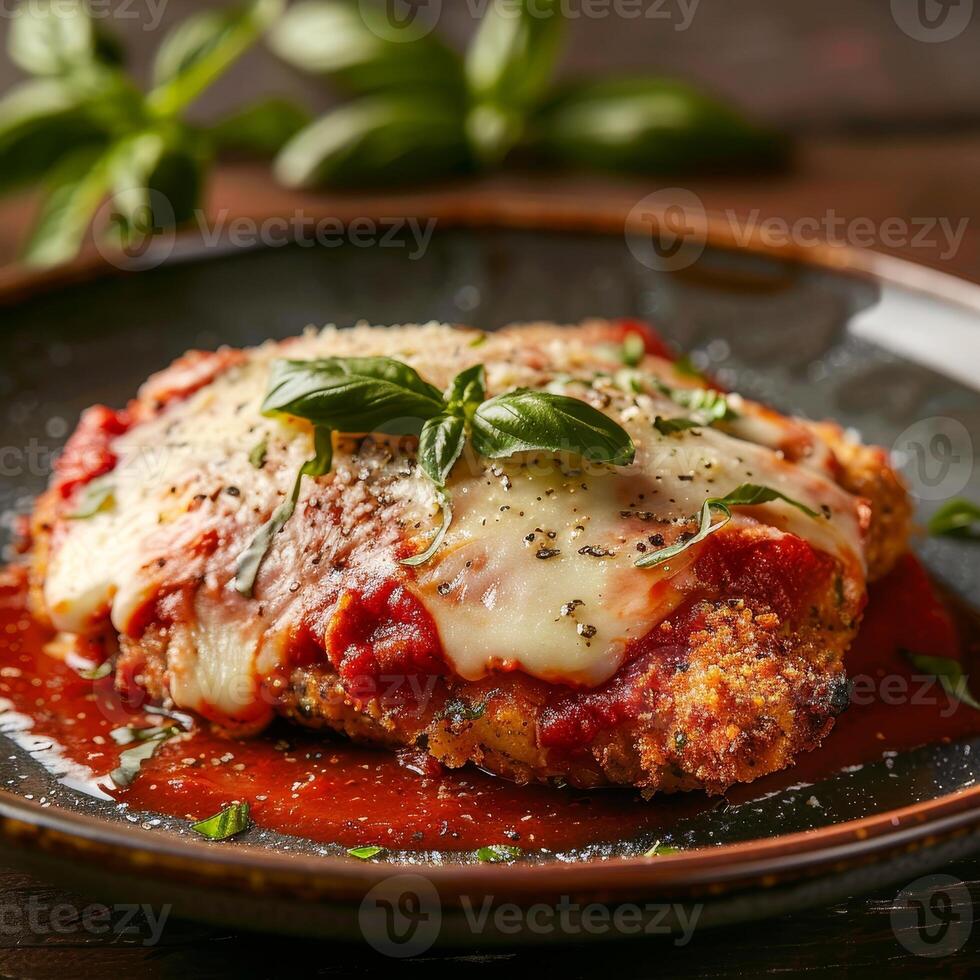 Delicious baked chicken parmesan with tomato sauce and melted cheese photo