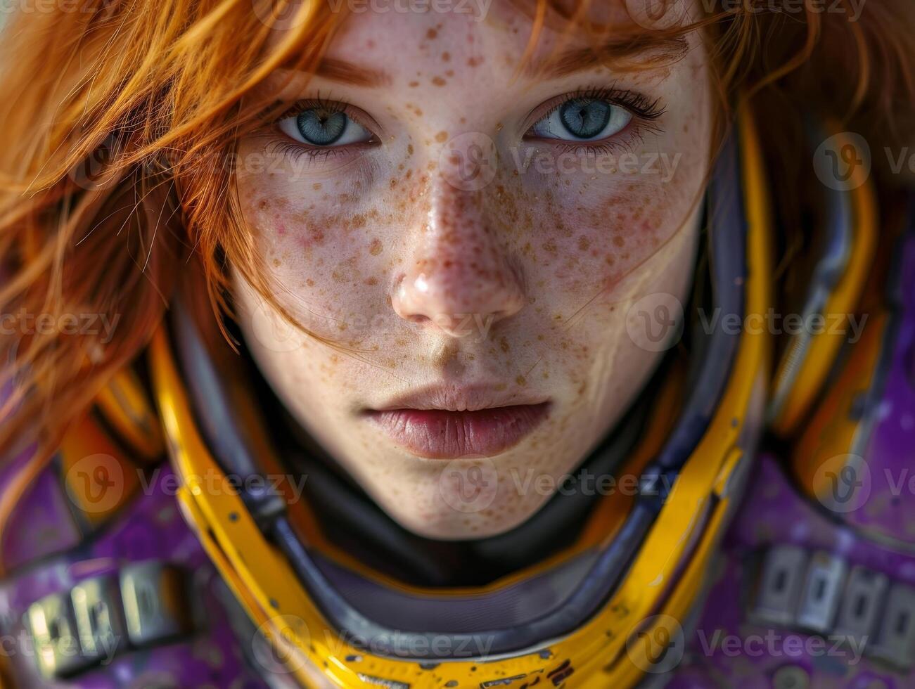 close up portrait of a young woman with vibrant red hair and freckles photo