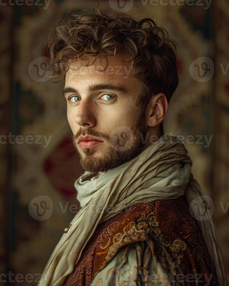 Rugged and Handsome Man with Curly Hair and Beard photo
