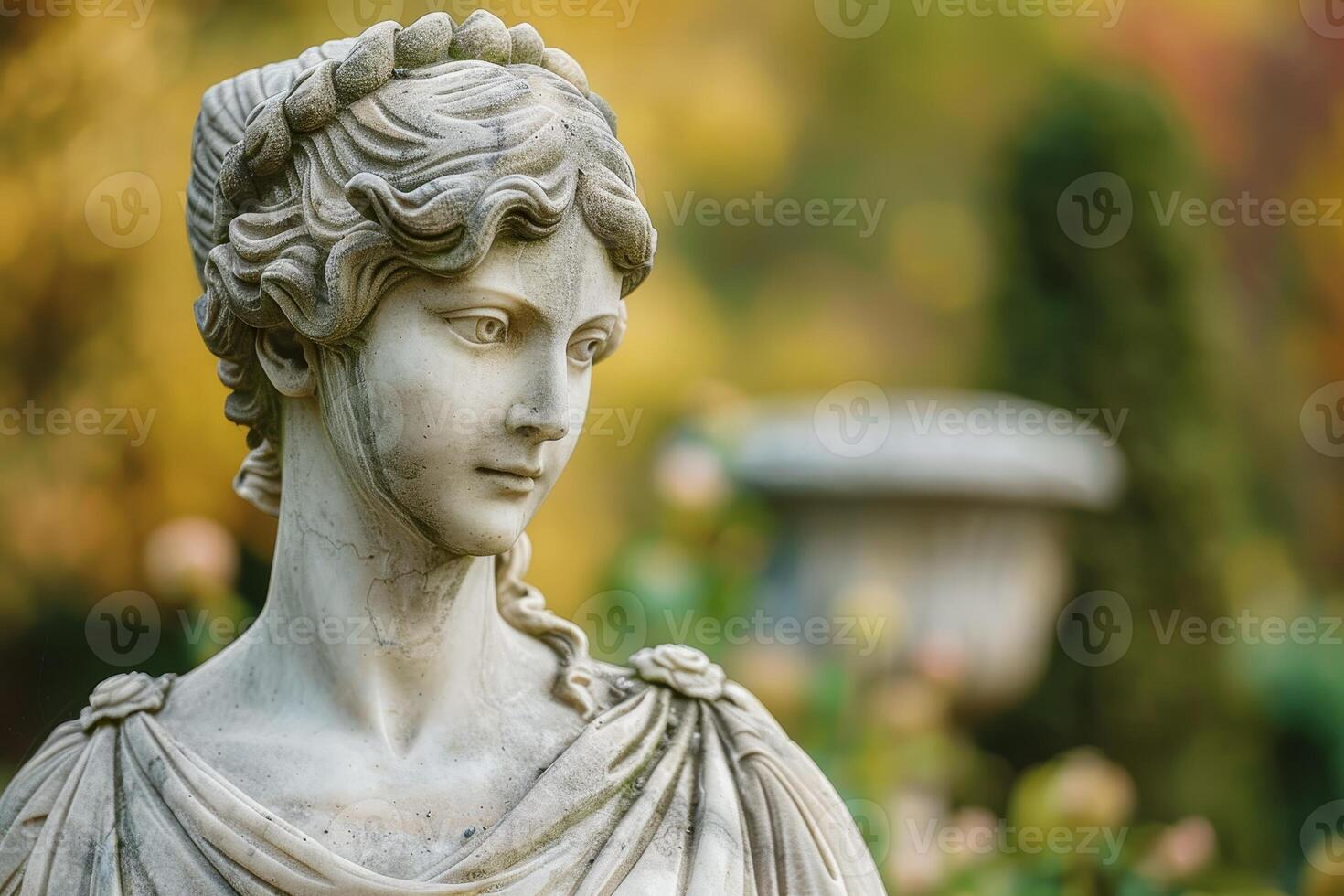 Serene stone statue in a garden setting photo