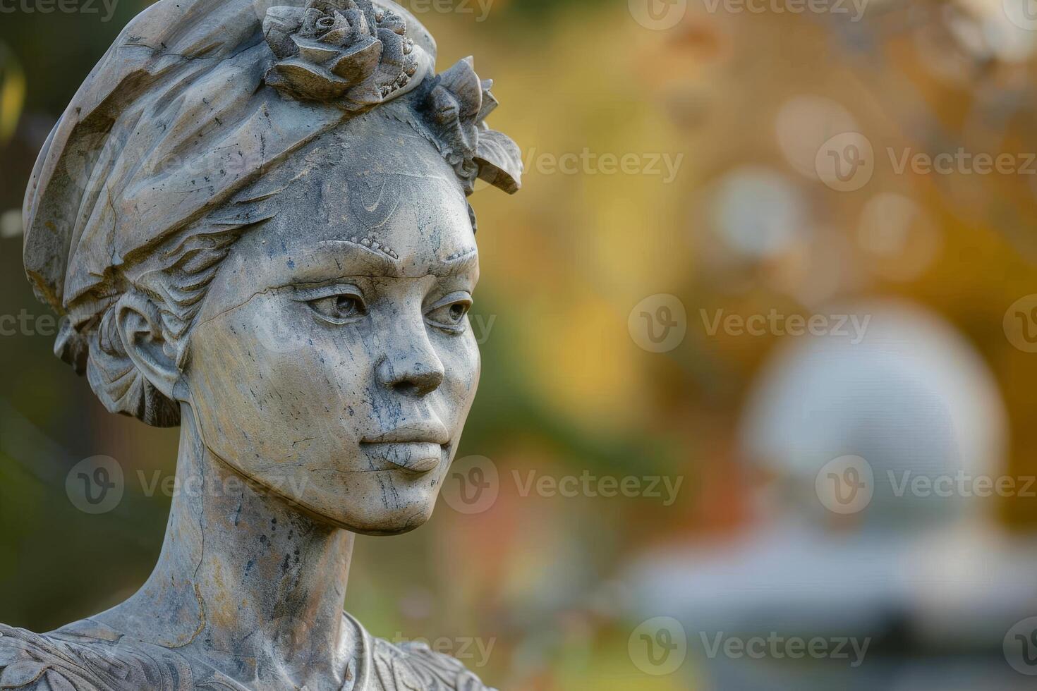 Weathered stone statue of a woman with a rose photo