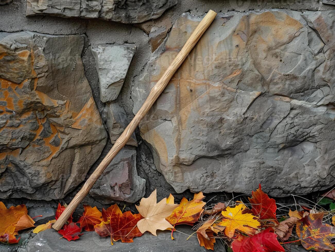 Autumn leaves and wooden stick on rocky background photo