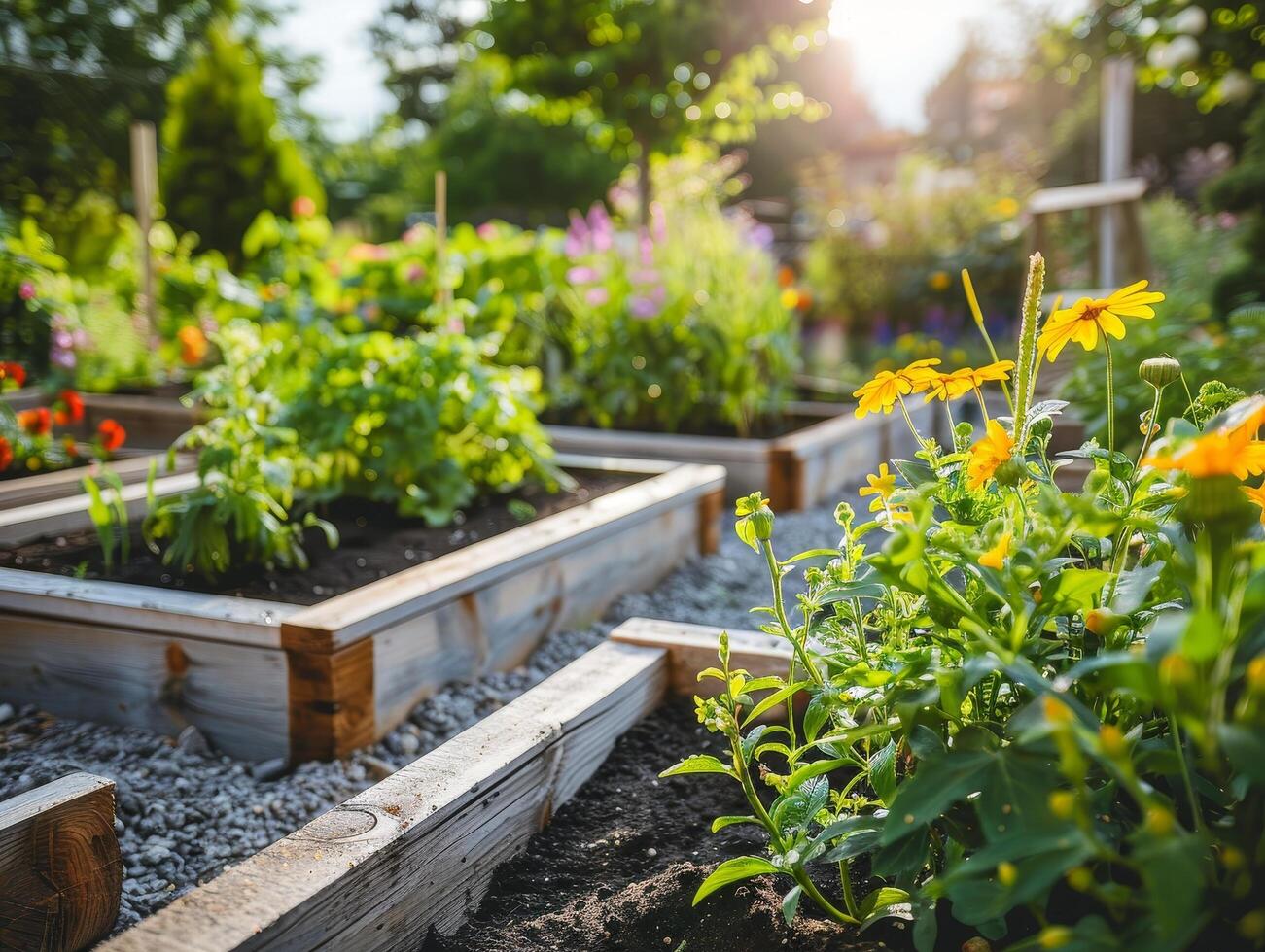 Vibrant vegetable garden with raised beds and colorful flowers photo