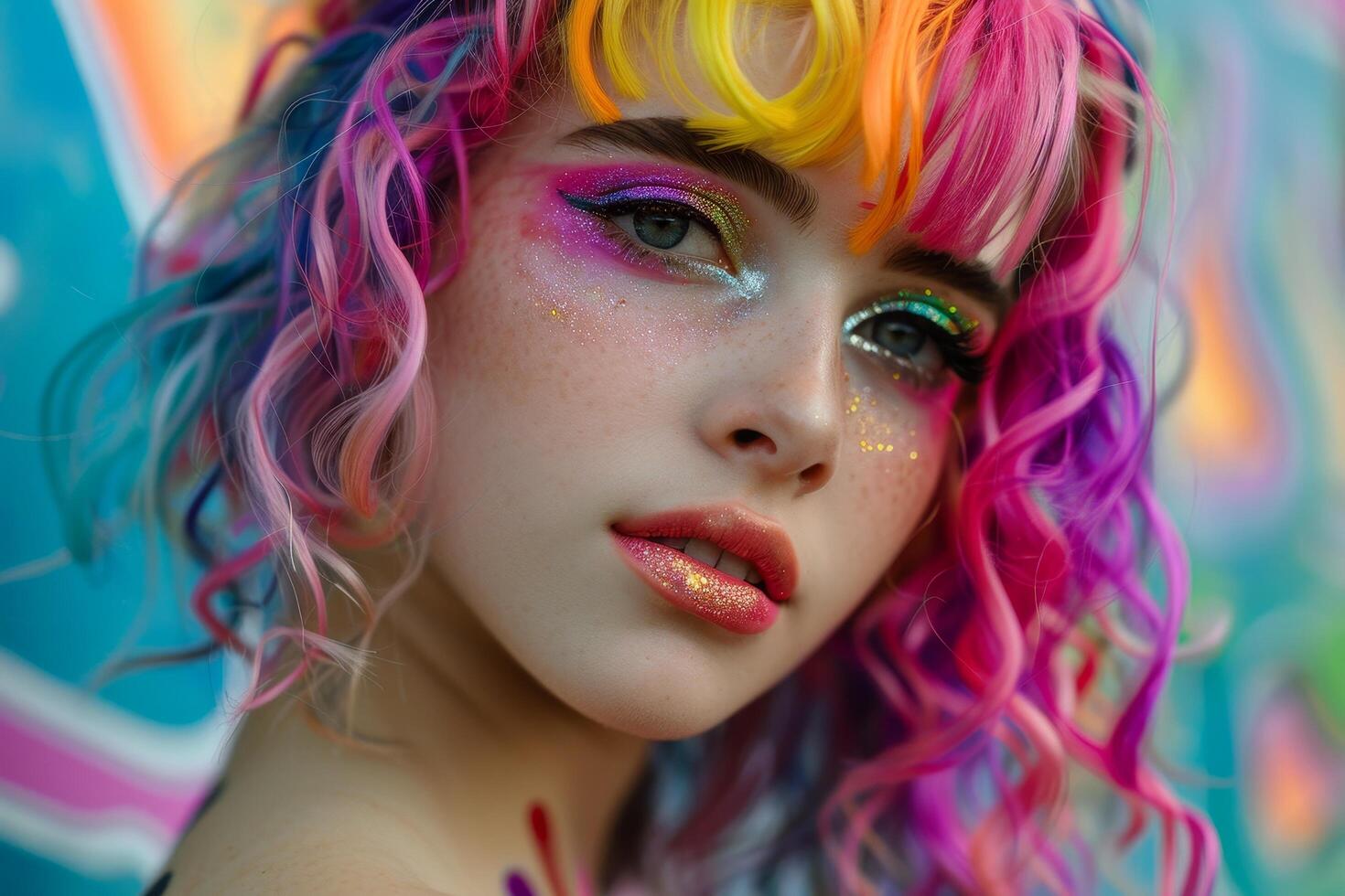 Colorful and vibrant portrait of a person with creative makeup and hairstyle photo