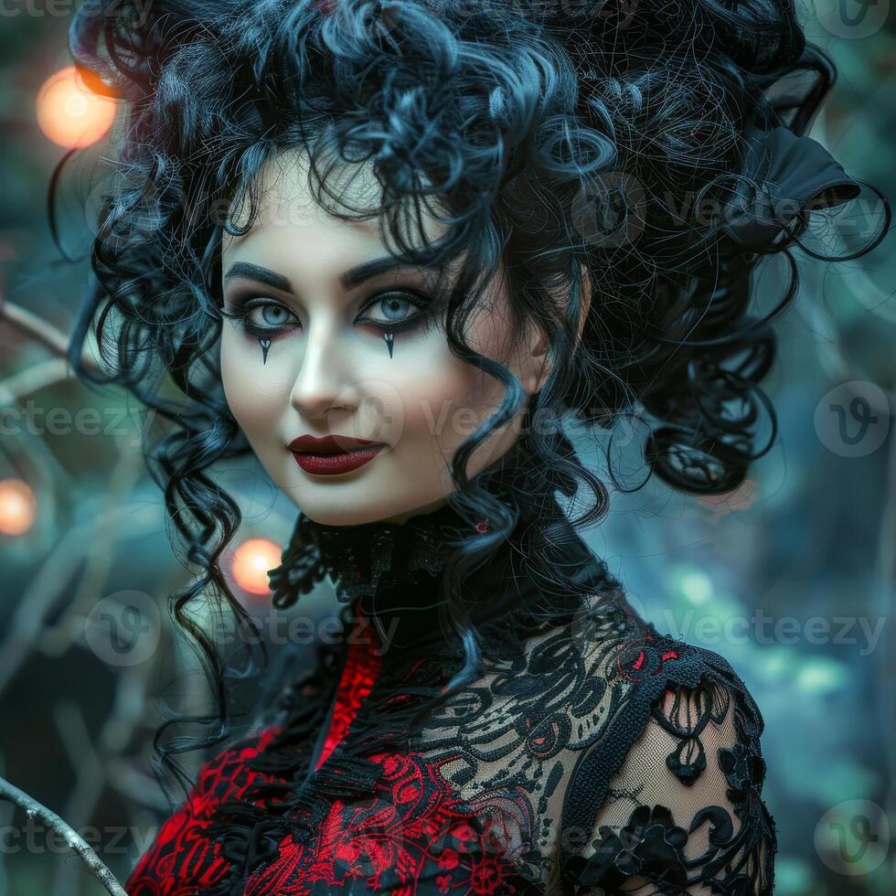 gothic fashion portrait with dark makeup and curly hair photo