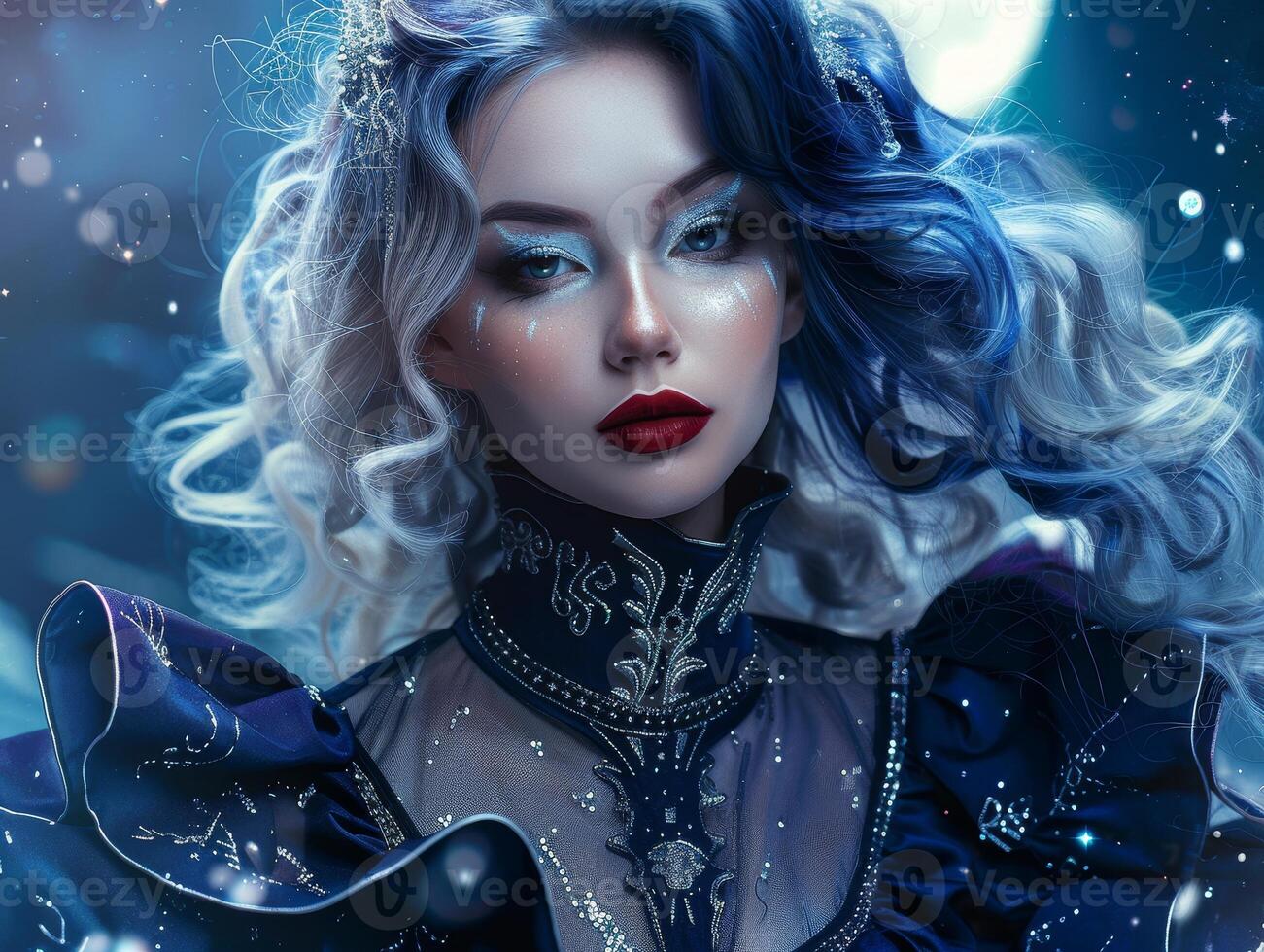 Enchanting winter fairy with sparkling makeup and flowing hair photo