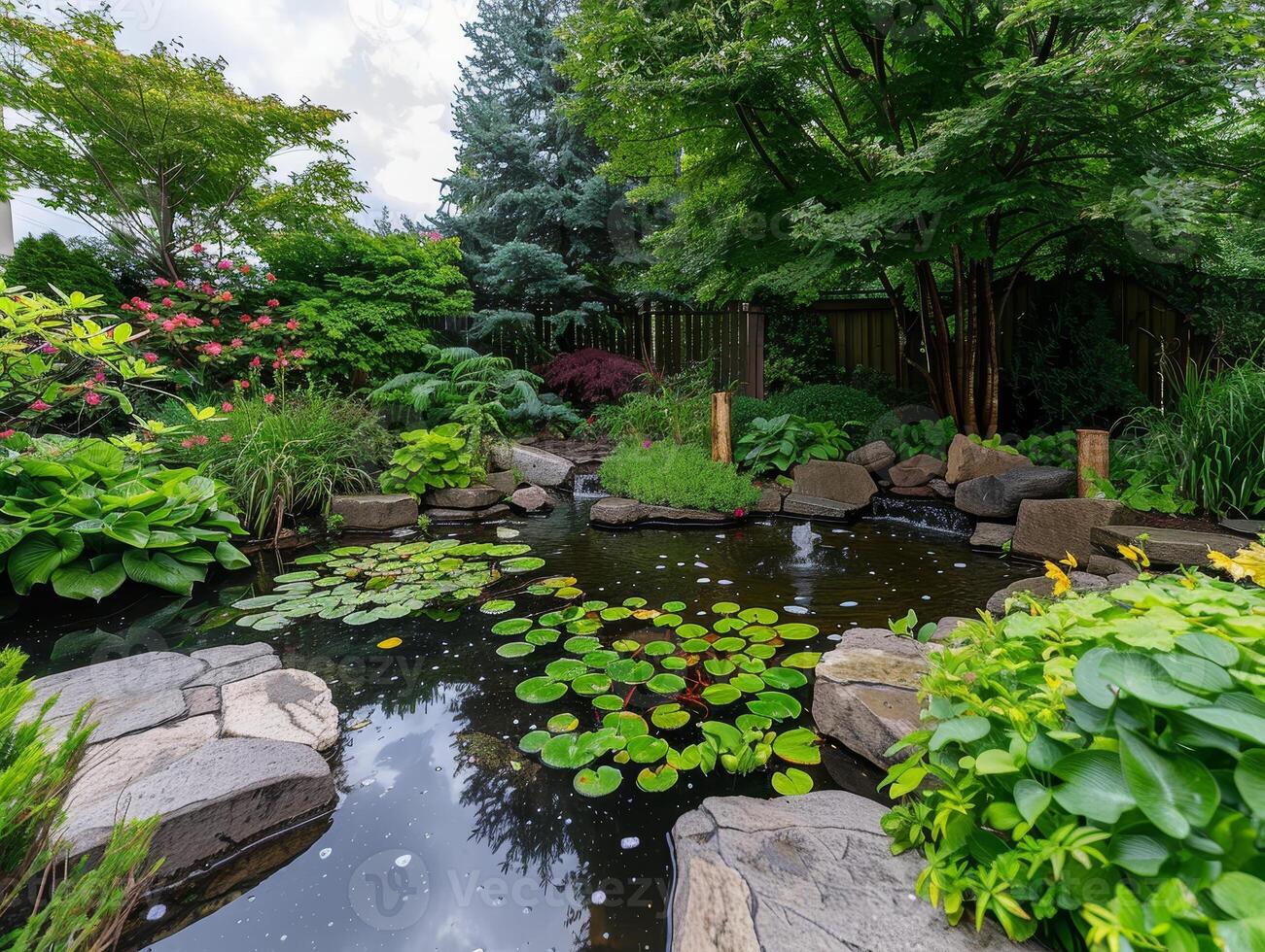 Serene backyard garden with pond and lush foliage photo