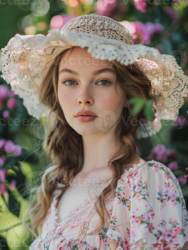 young woman in lace hat surrounded by flowers photo