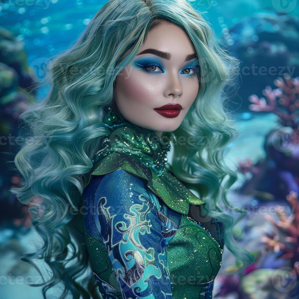 Enchanting mermaid inspired portrait in underwater fantasy scene photo