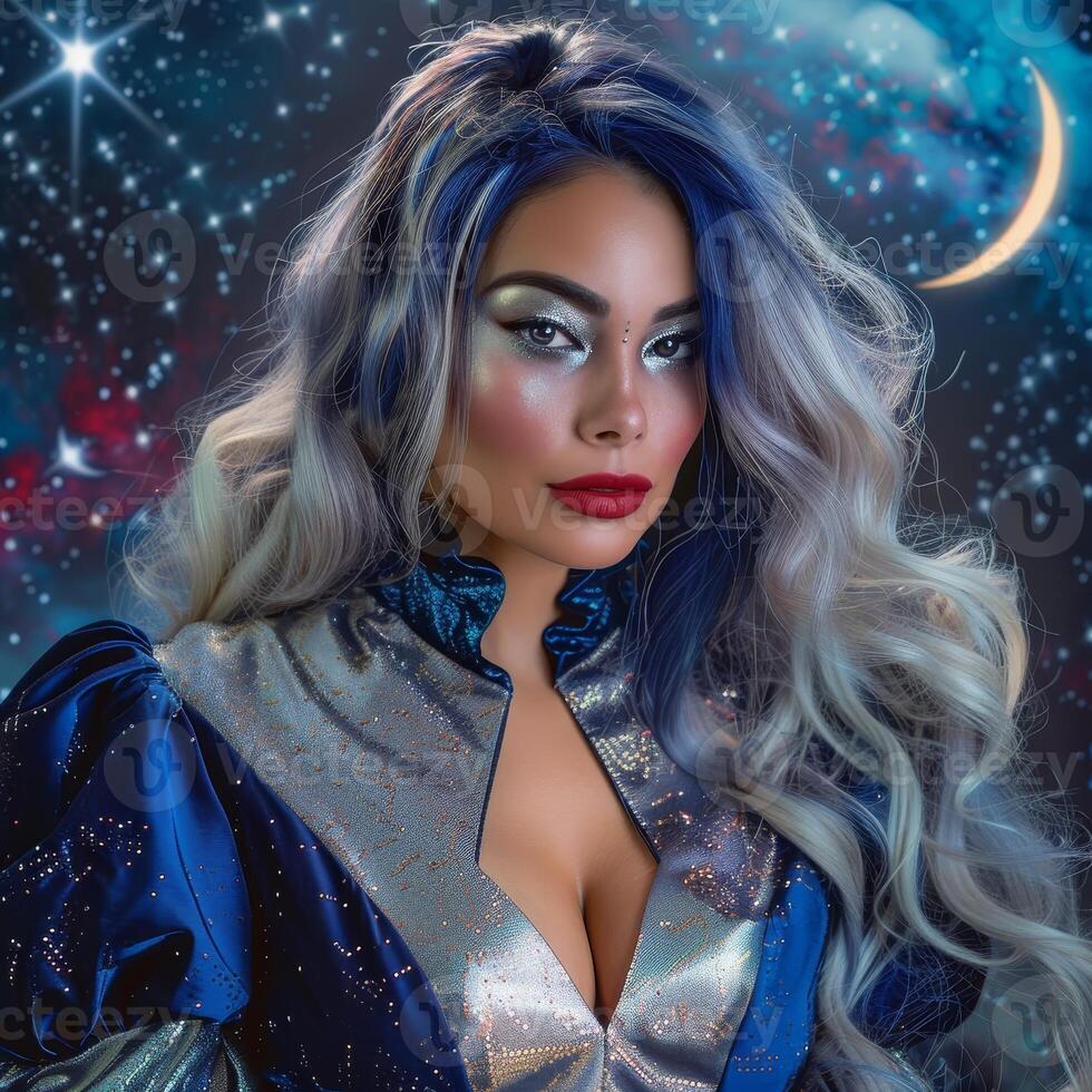Glamorous woman in sparkling blue outfit against night sky photo