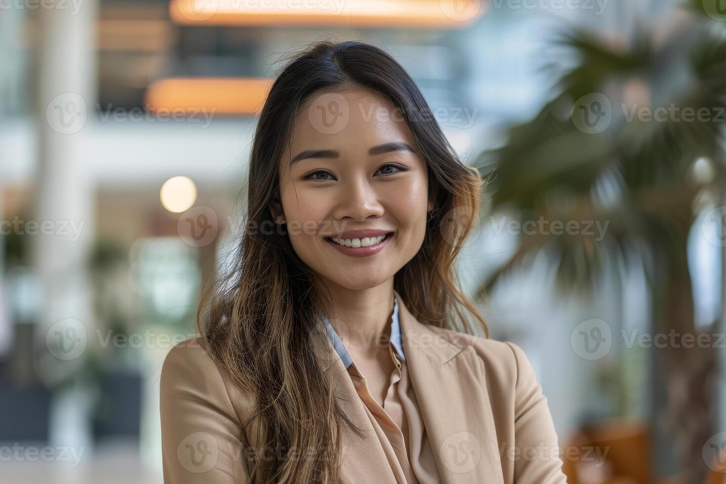 smiling asian woman in beige jacket photo