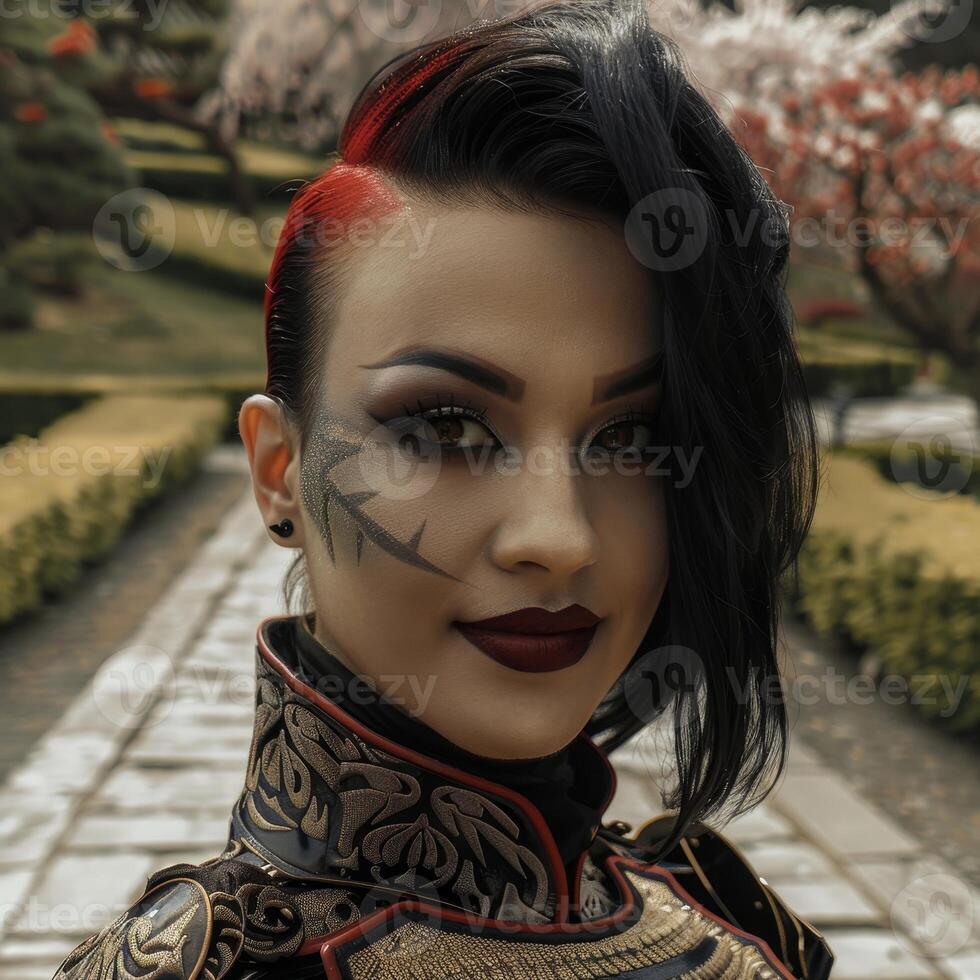 Dramatic portrait of a woman with bold makeup and hairstyle photo