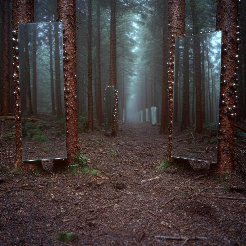 Enchanted forest path with glowing mirrors photo