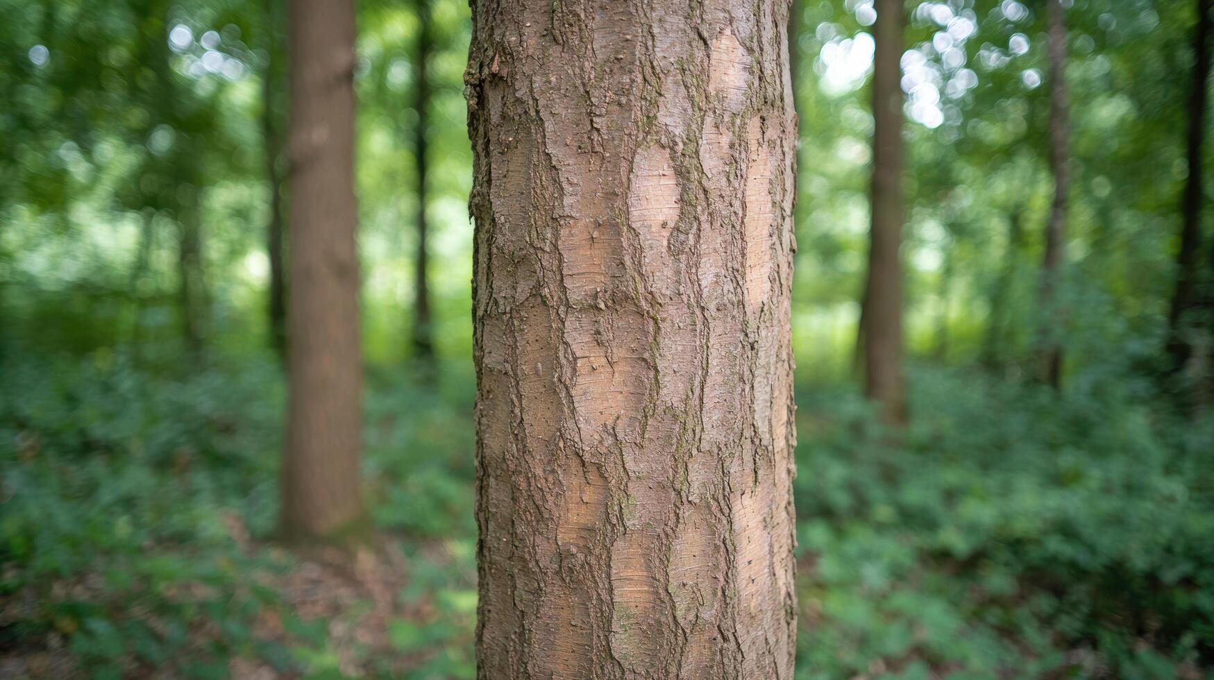 Close up of tree trunk in lush green forest photo