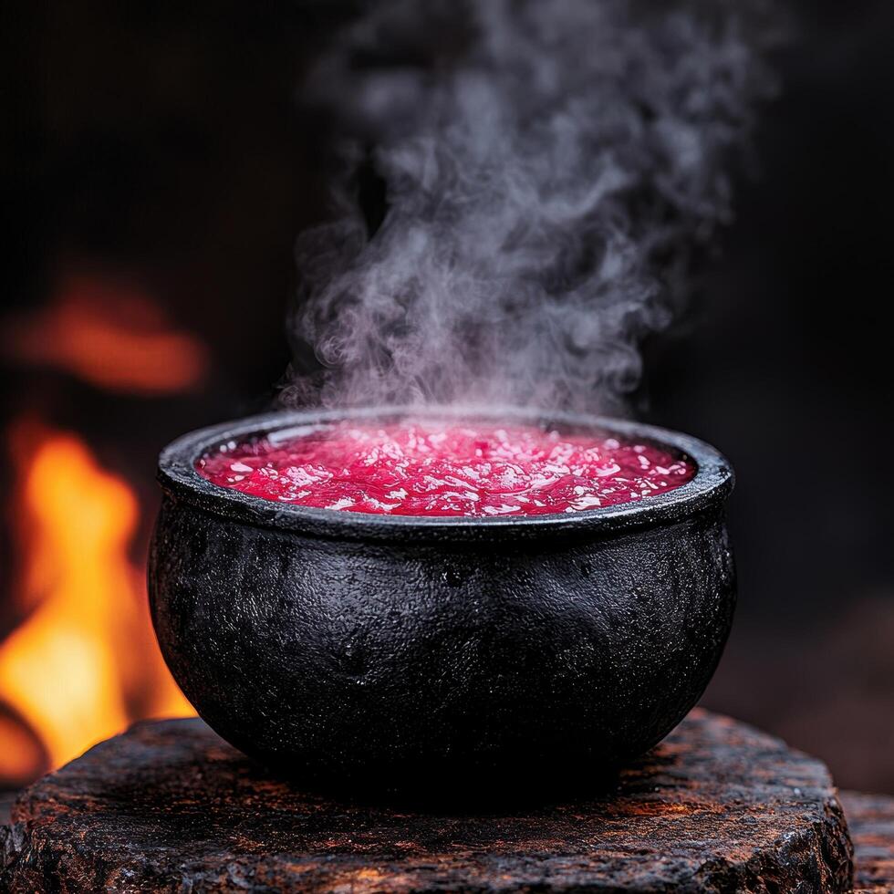 Steaming hot bowl of red soup or stew photo
