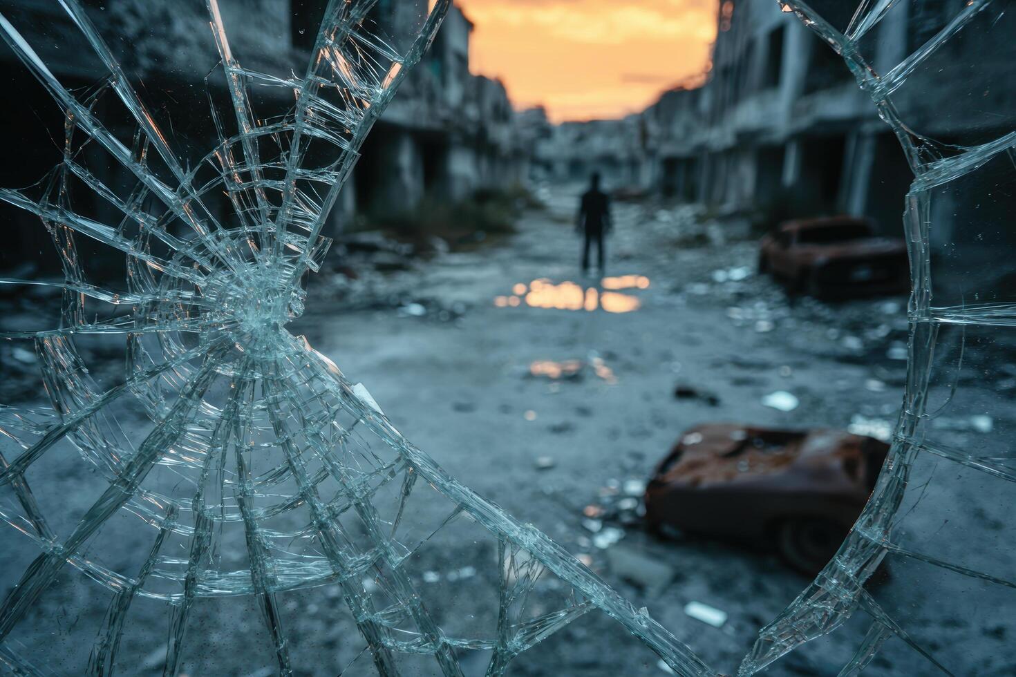 Shattered glass overlooking a desolate landscape at sunset photo