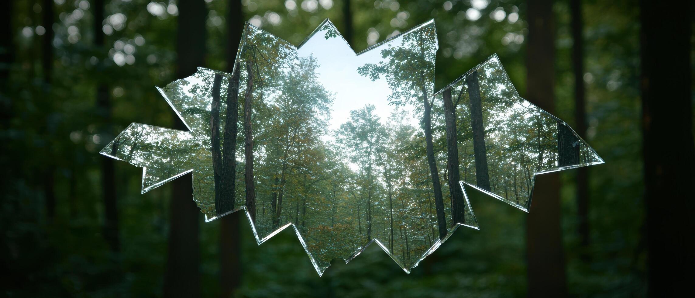 Shattered glass reflecting forest scenery photo