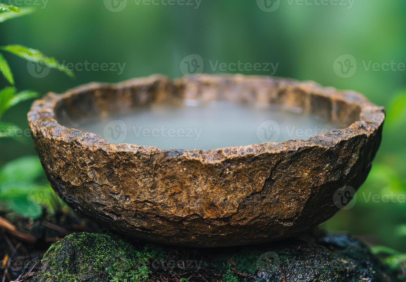 natural stone birdbath in lush green forest photo