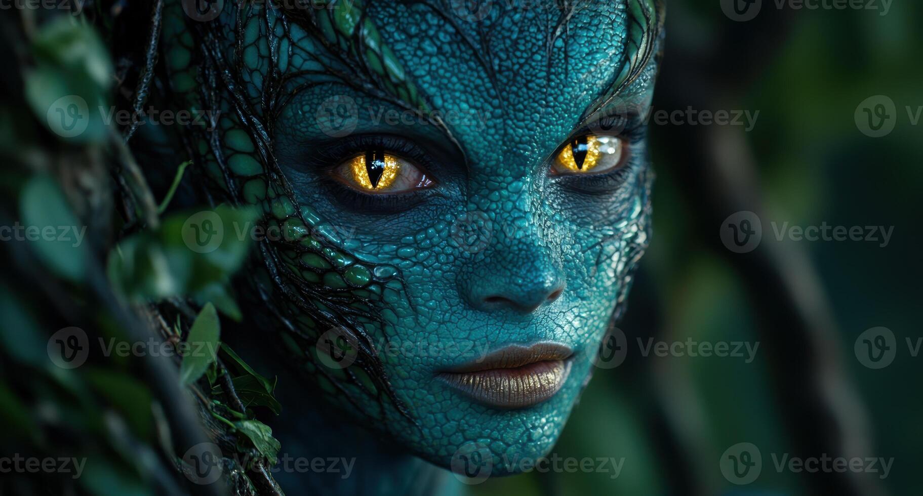 Mystical creature with glowing eyes in the forest photo