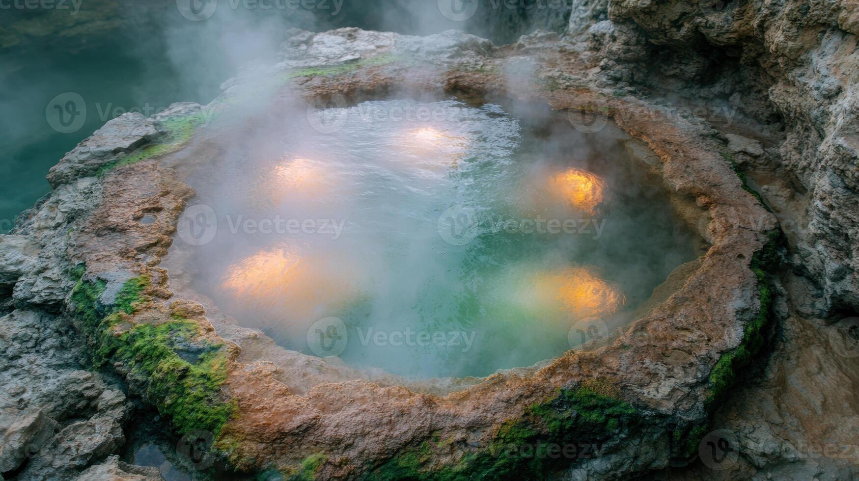 Vibrant natural hot springs in rocky landscape photo