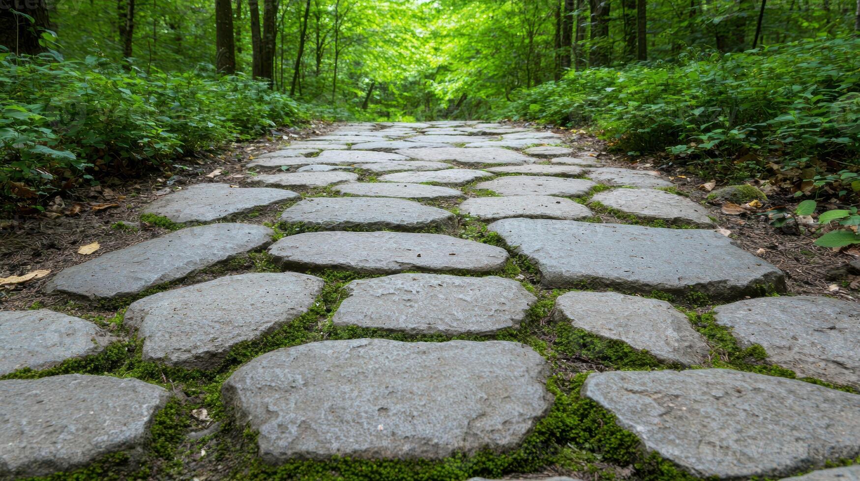 Mossy stone path through lush green forest photo