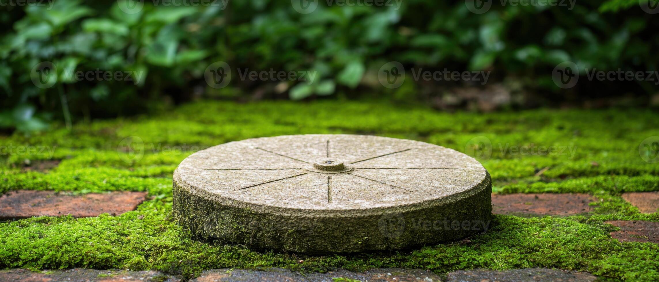 Moss covered stone sundial in lush forest photo