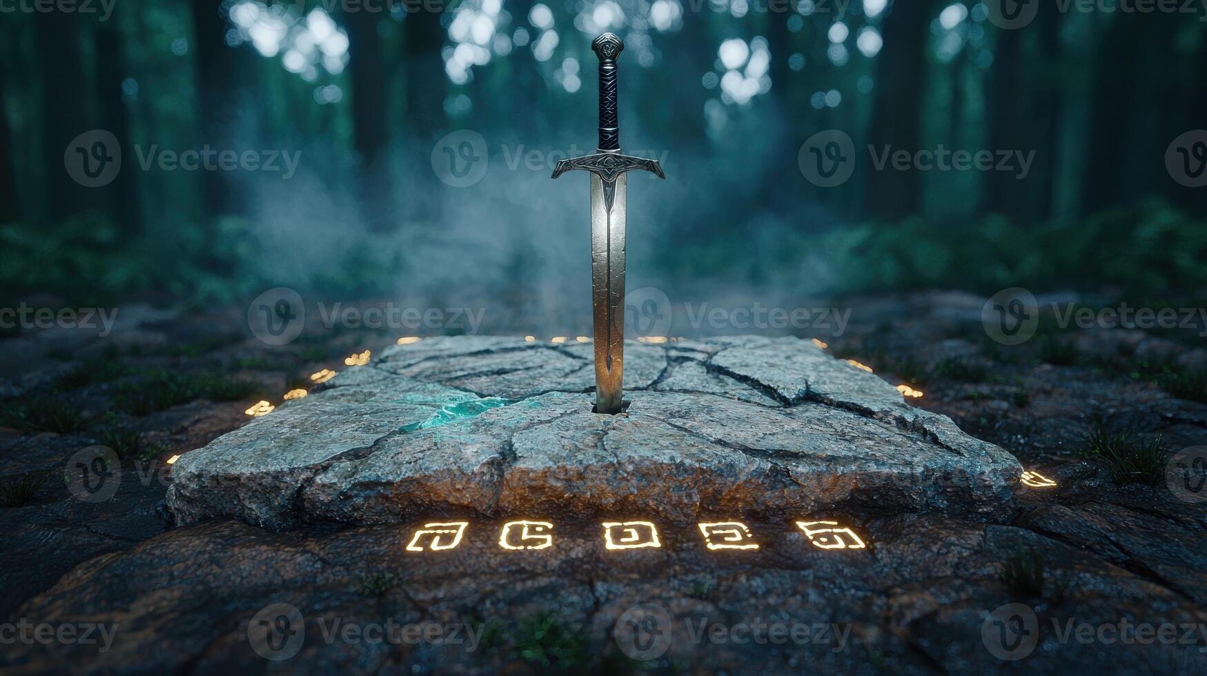 Mysterious medieval sword in the forest photo
