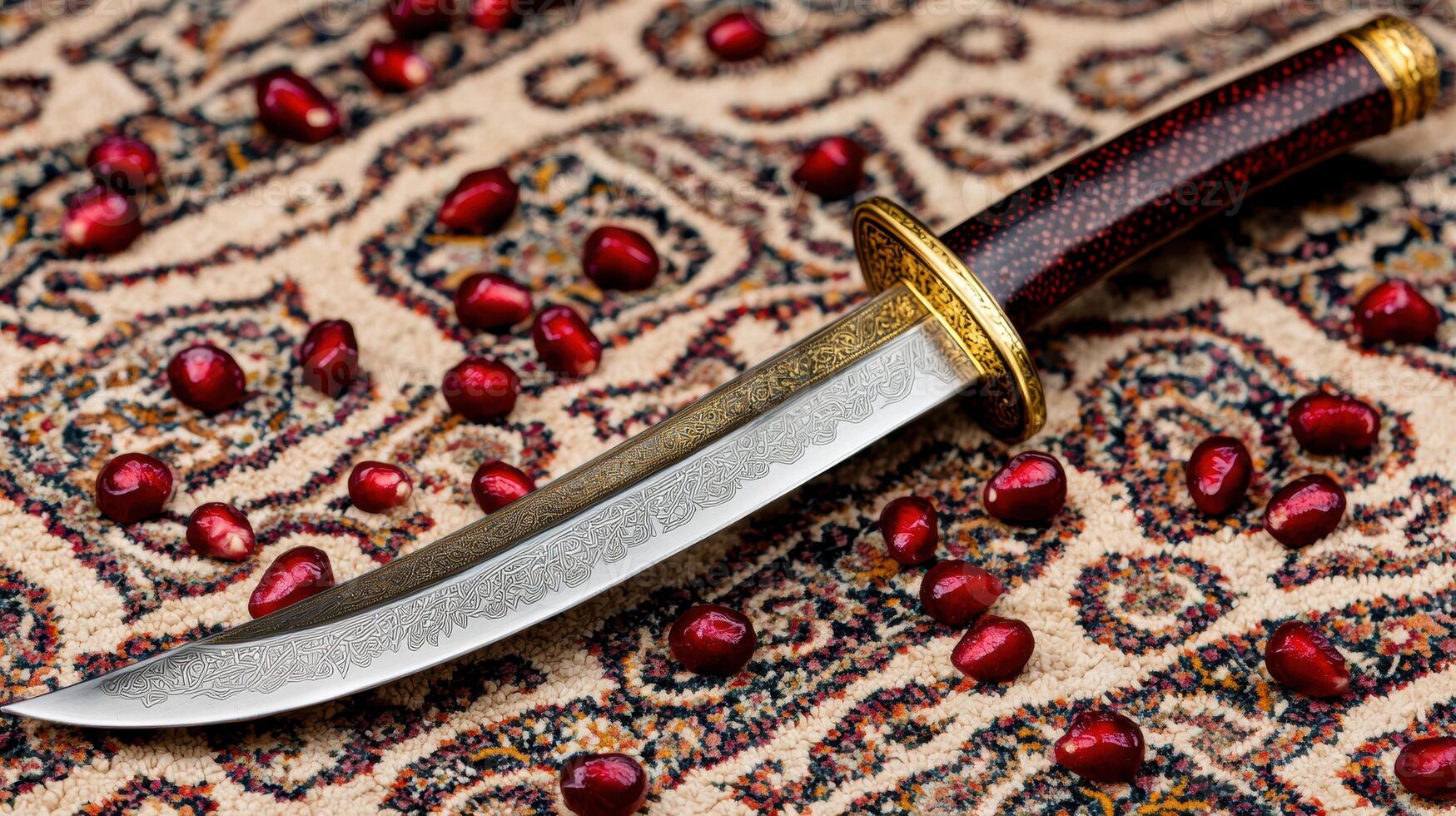 ornate dagger on patterned rug with pomegranate seeds photo