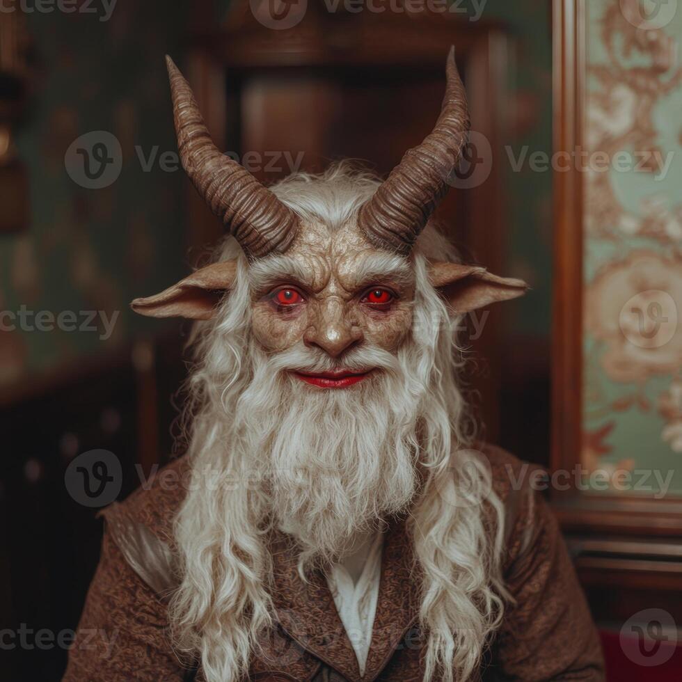 Demonic horned creature with glowing red eyes photo