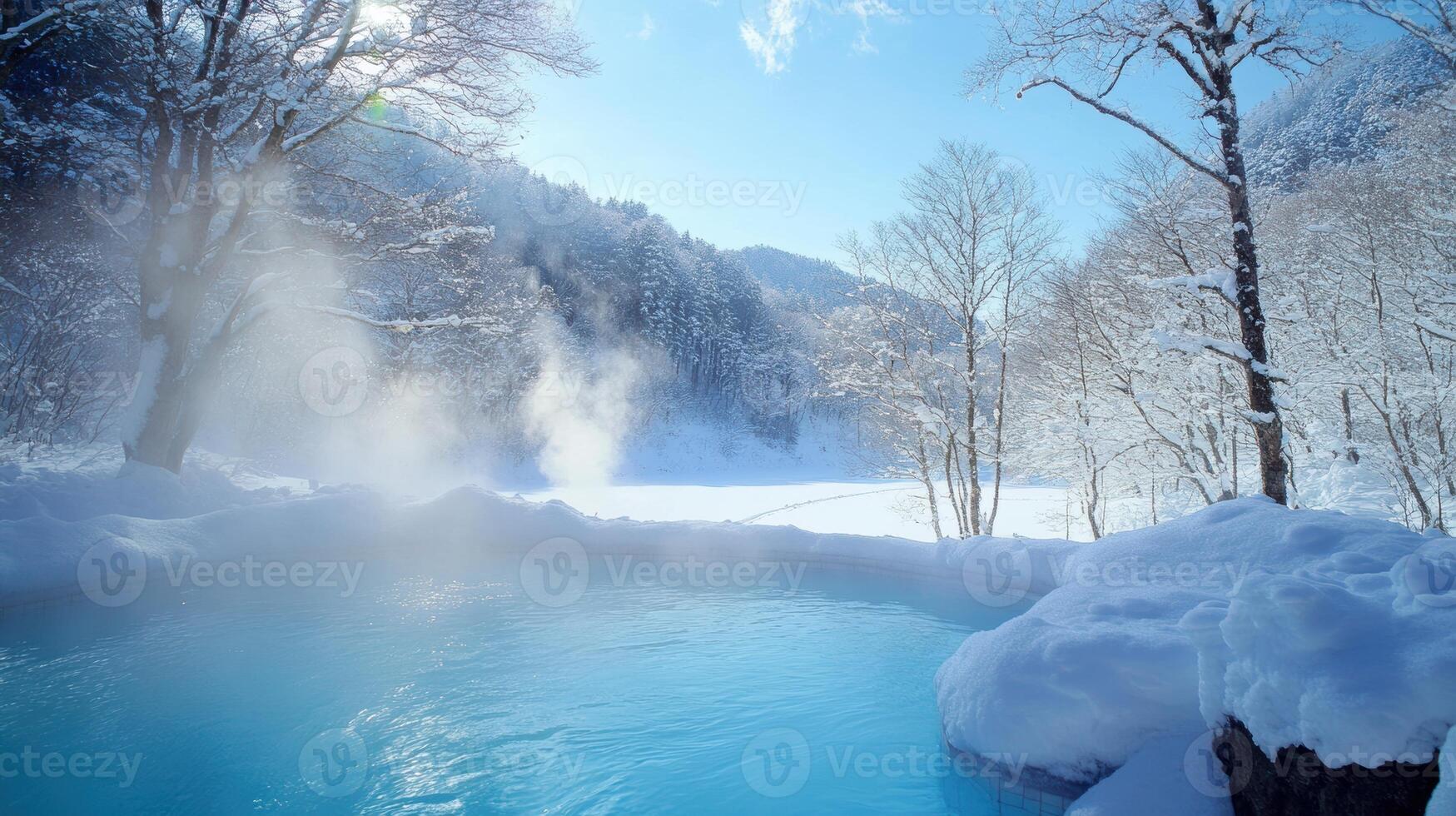 Serene winter landscape with snow covered trees and a steaming hot spring photo