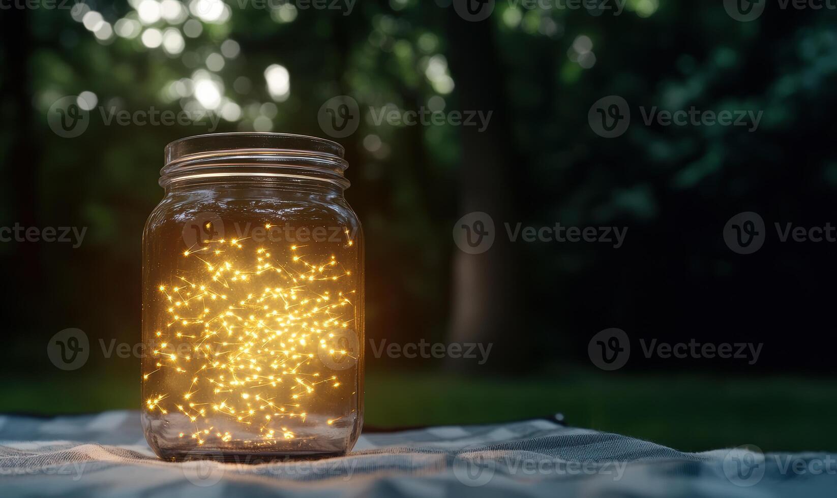 Glowing jar of fairy lights in the dark photo