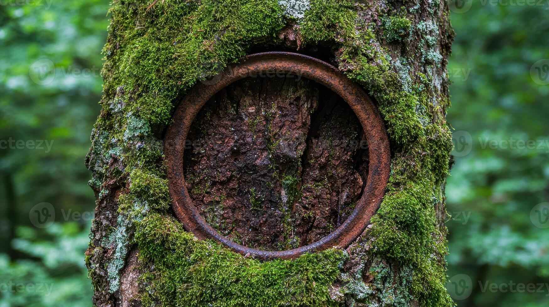 Rusty metal ring embedded in moss covered tree trunk photo
