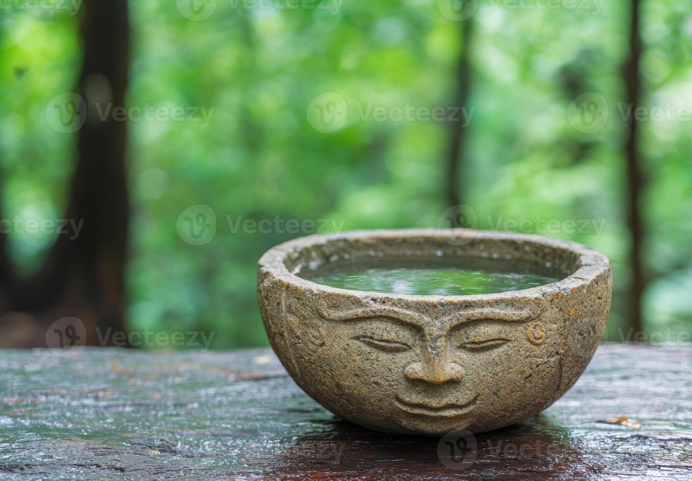 Serene stone bowl with tranquil water in forest photo