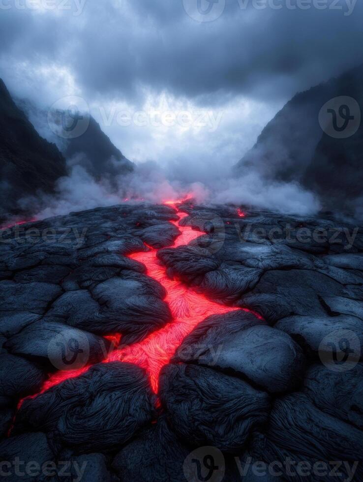 Dramatic volcanic landscape with glowing lava flow photo